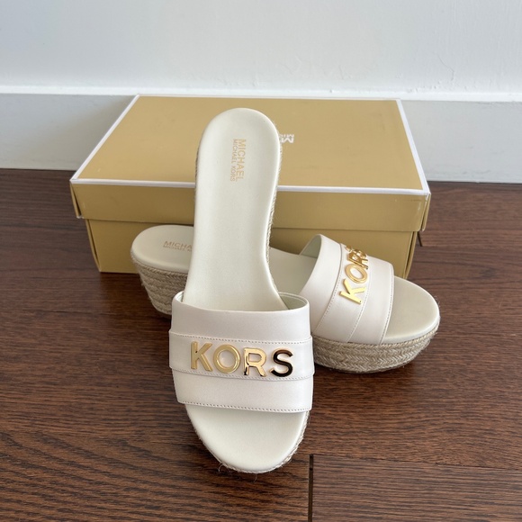 Michael Kors Brady white leather platform wedge espadrille slides - Picture 2 of 9
